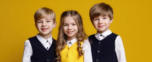The joyful children posing together against a bright yellow background photo
