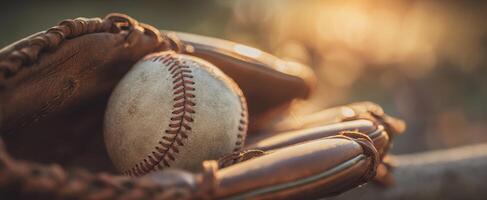 A baseball in a glove with a sun shining in the background photo