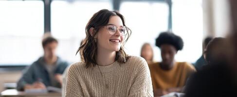 The smiling student in a classroom enjoying her learning experience. photo