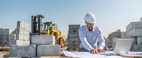 The construction worker analyzing blueprints with laptop on a building site. photo