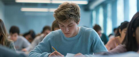 The student focused on writing during an academic examination in a classroom setting. photo