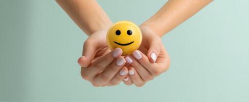 The hands holding a cheerful yellow smiley ball conveying happiness and positivity. photo