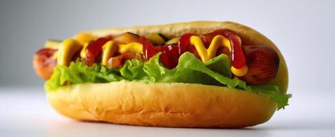The Delicious Hot Dog Topped with Mustard and Ketchup on a Bun photo