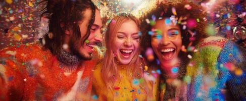 The joyful celebration of friends having fun in a colorful confetti shower. photo