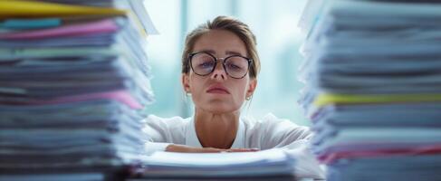 The woman surrounded by paperwork reflecting stress and determination at work. photo