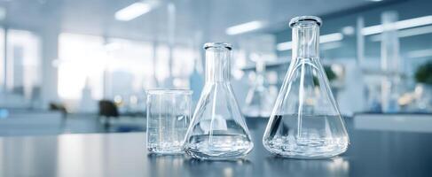 The elegant glass laboratory equipment arranged on a sleek countertop. photo