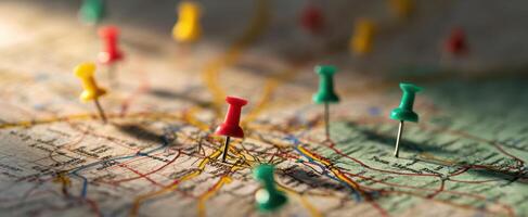 The intricacies of a map adorned with colorful pushpins highlighting chosen locations. photo