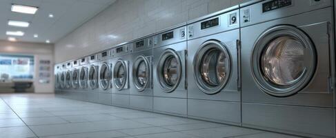 The modern laundromat with sleek machines and bright interior design. photo
