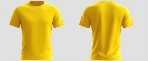 The yellow t-shirt showcasing both front and back views in a studio setting. photo