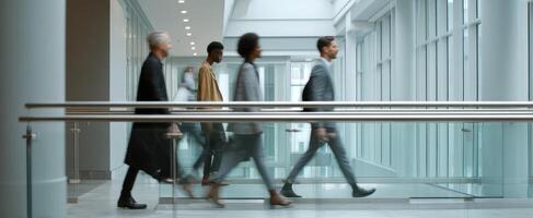 The professional group walking confidently through a modern office corridor. photo