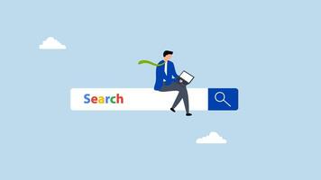 Search box, 4k animation of man working with computer laptop on search box with magnifying glass button. video
