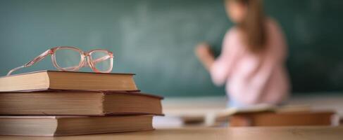 The stack of books and glasses in a vibrant classroom environment. photo