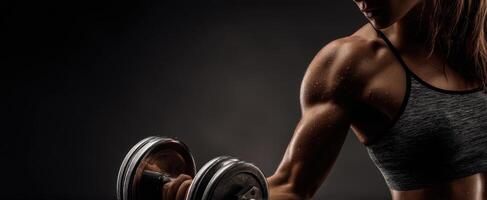 The powerful athlete lifting weights in a dramatic fitness studio setting. photo