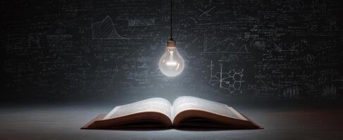 The book illuminated by creativity and scientific inspiration in a dark environment. photo