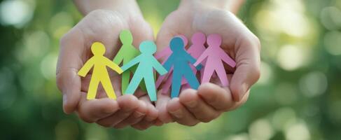 The Hands Holding Colorful Paper People Symbols of Unity and Support photo