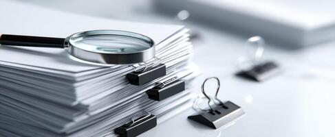 The magnifying glass resting on a stack of organized documents and binder clips. photo