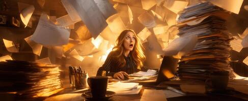 The overwhelmed woman surrounded by flying documents in a chaotic office environment. photo