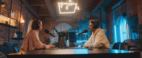 The engaging conversation between two podcasters in a modern studio setting. photo