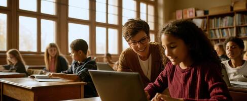 The teacher assisting a student in a vibrant classroom setting. photo
