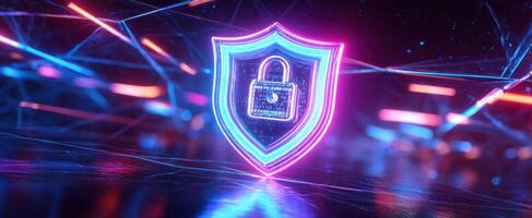 The Neon Shield Featuring a Digital Lock Over a Futuristic Background photo