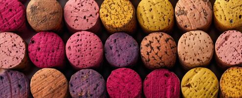 The colorful arrangement of assorted wine corks on a textured background. photo