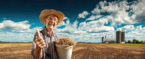 The cheerful farmer holding a bucket of straw in a sunny rural landscape. photo