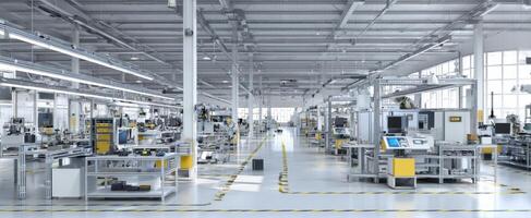 The spacious industrial factory filled with modern machinery and workstations. photo
