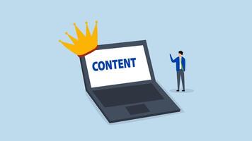 4k animation of businessman standing with computer with the word content wearing crown. video