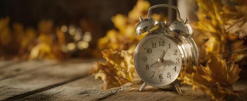 The vintage alarm clock surrounded by autumn leaves on rustic wood. photo