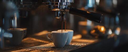 The coffee brewing process highlighting rich espresso extraction in a modern cafe. photo