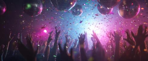 The vibrant atmosphere of a lively disco party with dancing crowds and confetti. photo