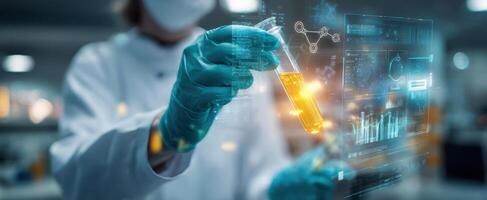 The Scientist Holding a Test Tube with Digital Data Visualization in a Modern Laboratory photo