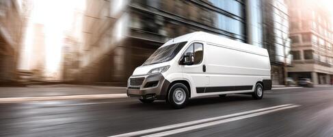 The white delivery van speeding through a modern cityscape. photo