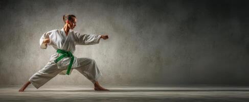 The karate practitioner demonstrating a powerful stance in a dramatic studio setting. photo