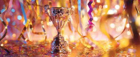 The trophy gleams amidst vibrant decorations and festive celebration atmosphere. photo