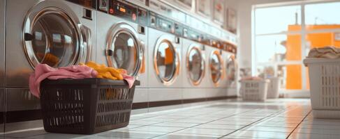 The vibrant scene of a laundromat with colorful laundry baskets. photo