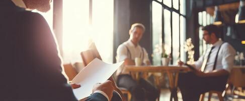 The professionals engaged in a business discussion at a sunlit cafe setting. photo
