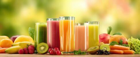 The vibrant display of fresh juices and fruits on a wooden table. photo