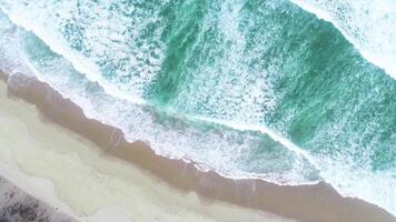 drone aerial top down view of the ocean swell on the shore of a beach with foaming waves, summer concept background video