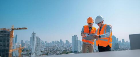 The engineers collaborating on a construction site with a city skyline backdrop. photo