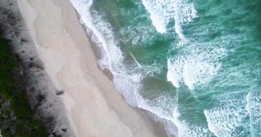 drone aerial top down view of the ocean swell on the shore of a beach with foam in the waves, summer concept background video