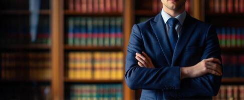 The Professional Lawyer Standing Confidently in a Modern Office Library photo