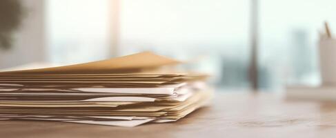 The stack of documents on a modern office desk with blurred background. photo