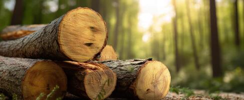 The warm sunlight illuminating stacked logs in a serene forest setting. photo