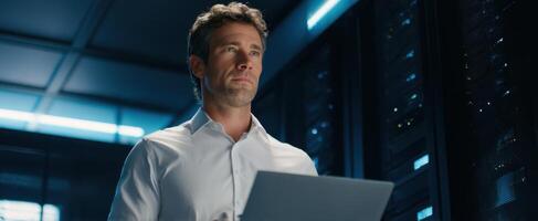 The focused professional analyzing data in a modern server room. photo