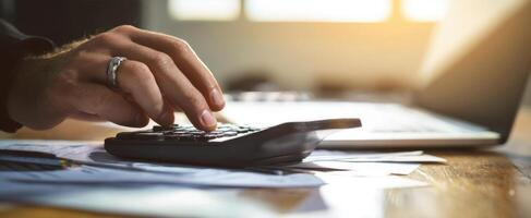 The calculator assisting with financial calculations in a modern office setting. photo