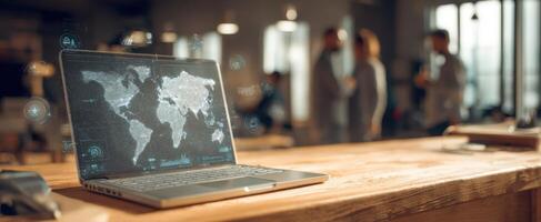 The laptop displaying a global map in a modern office setting. photo