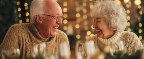 The joyful couple sharing laughter and warmth during a festive celebration. photo