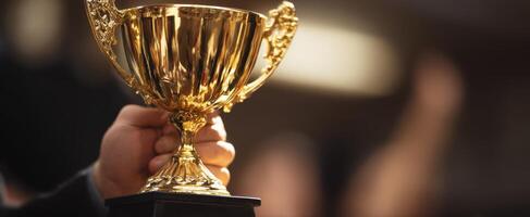 A person holding up a gold trophy cup photo