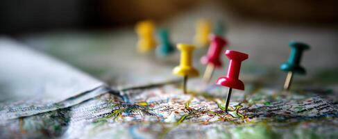 The colorful pins marking destinations on a detailed map for travel planning. photo